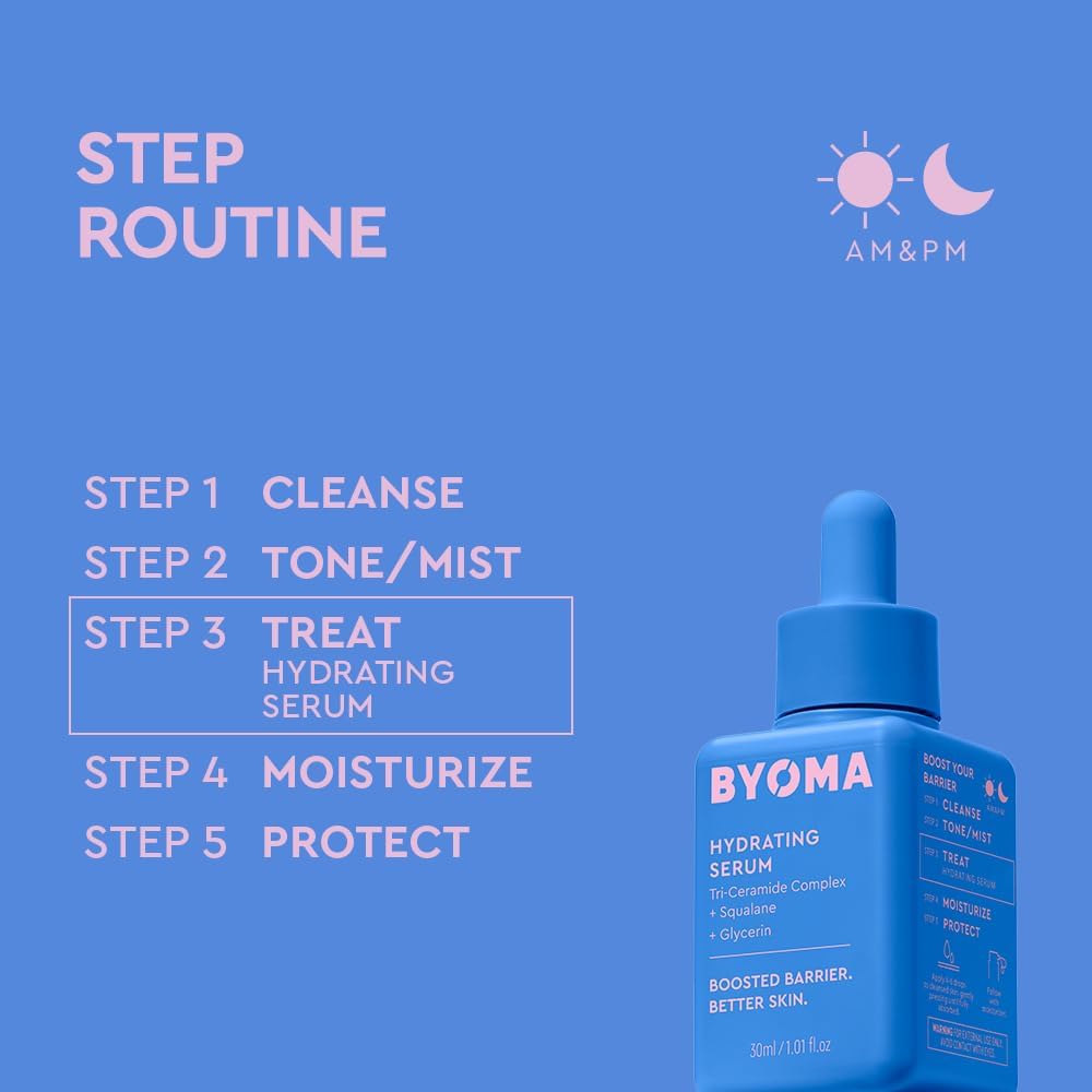 byoma hydrating serum (30ml) moisturising face serum with squalane and ceramides for glowing, dewy skin deep hydration and barrier support