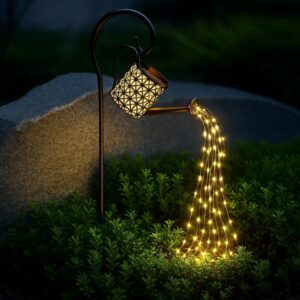 solar watering can outdoor decorative light retro metal lantern hanging star led fairy lamp for garden patio lawn with bracket