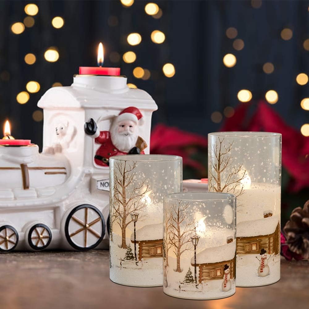 eldnacele glass flickering flameless snowman candles with remote timer battery operated real wax led pillar candles 3 pack for home chriatmas decoration