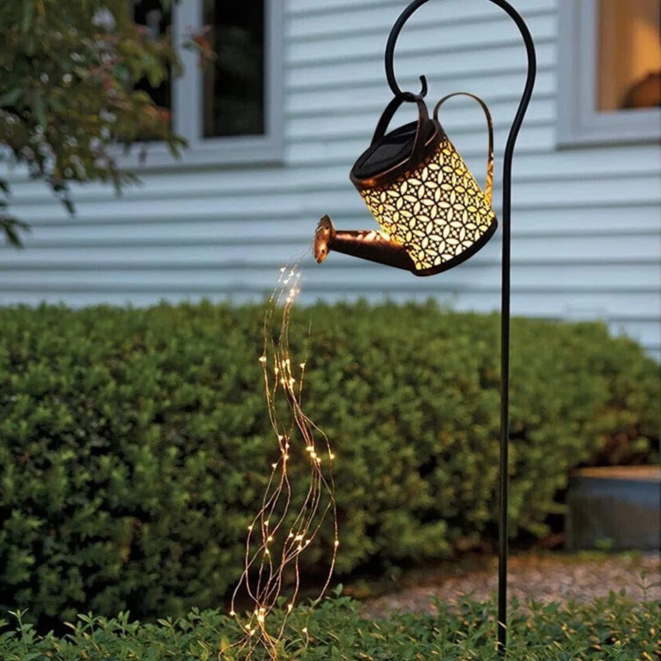 solar watering can outdoor decorative light retro metal lantern hanging star led fairy lamp for garden patio lawn with bracket