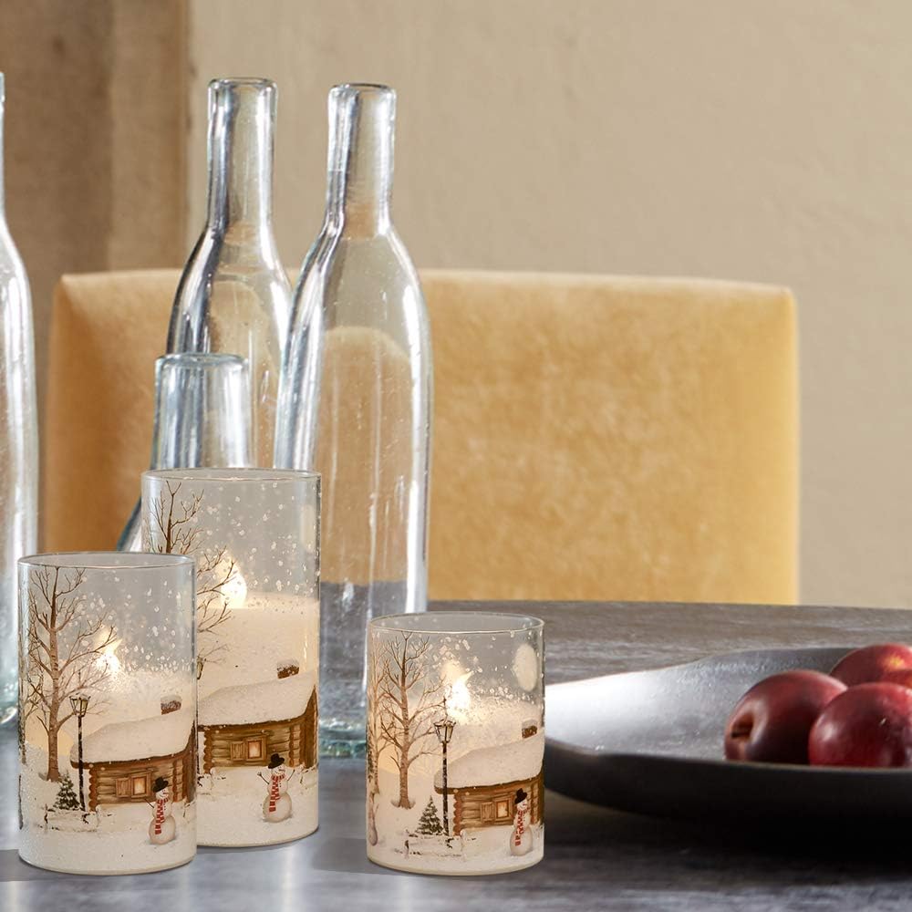 eldnacele glass flickering flameless snowman candles with remote timer battery operated real wax led pillar candles 3 pack for home chriatmas decoration