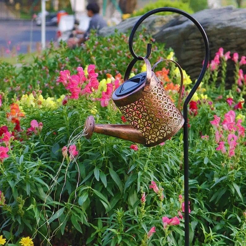 solar watering can outdoor decorative light retro metal lantern hanging star led fairy lamp for garden patio lawn with bracket