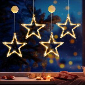 4 Pcs Suction Cup Stars Lights – LED Christmas Window Lights Decorations Stars Lights Battery Operated, Indoor Window Fairy Lights for Party, Balcony Decor [Energy