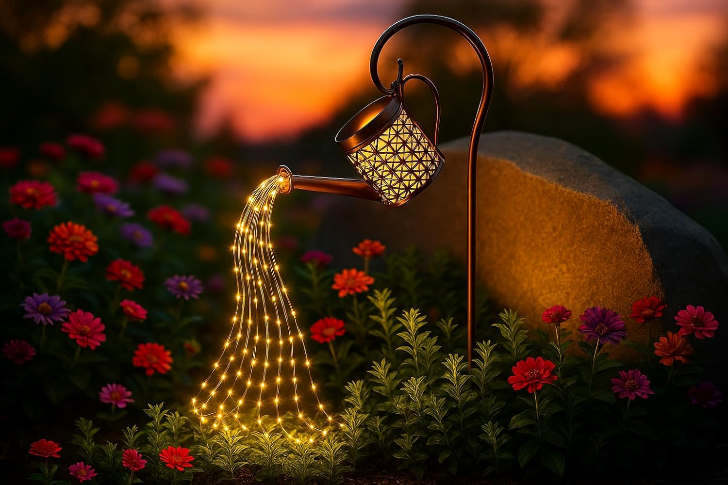solar watering can outdoor decorative light retro metal lantern hanging star led fairy lamp for garden patio lawn with bracket