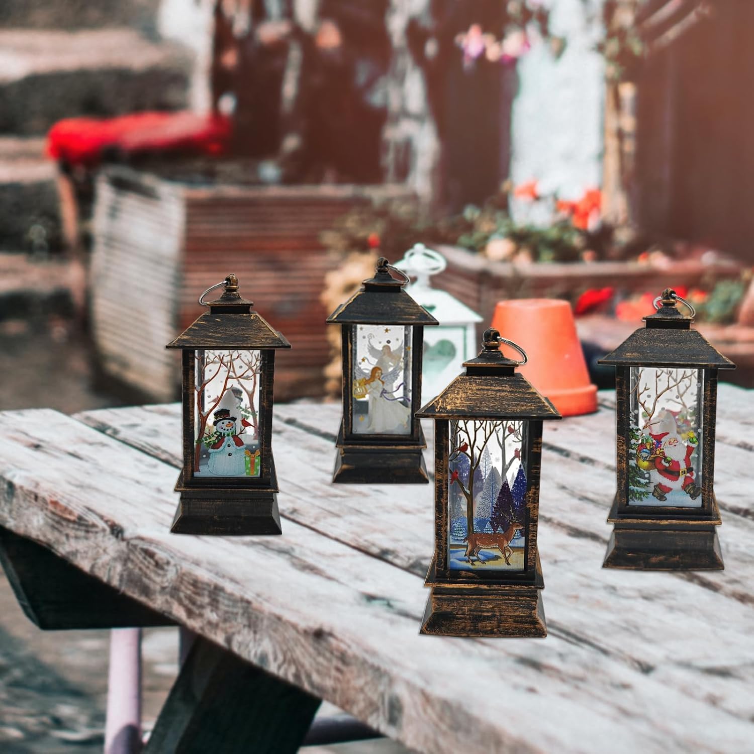 4pcs christmas candle lanterns xmas tea light candles lamp santa claus elk snowman angel pattern for christmas tree table desk decoration