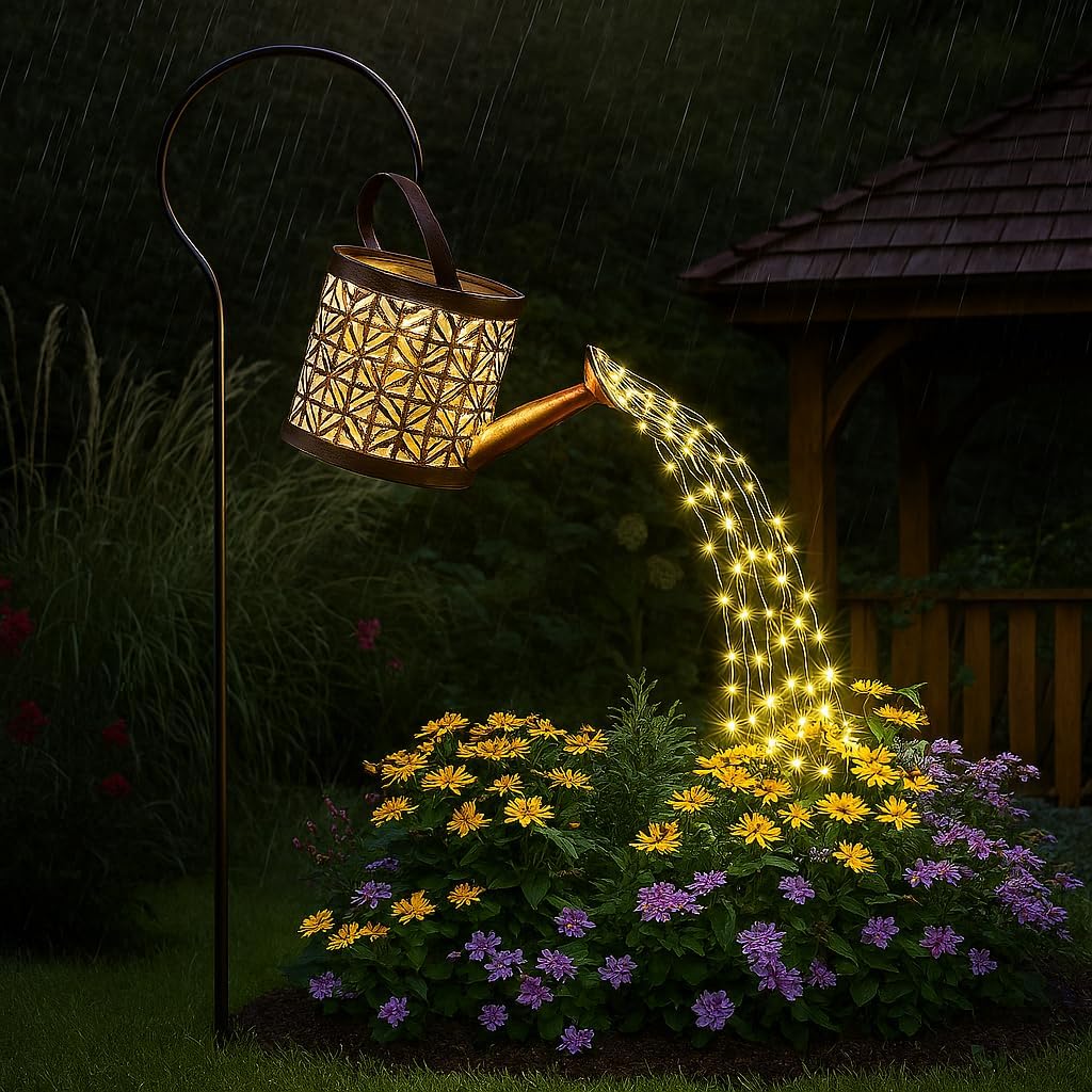 solar watering can outdoor decorative light retro metal lantern hanging star led fairy lamp for garden patio lawn with bracket