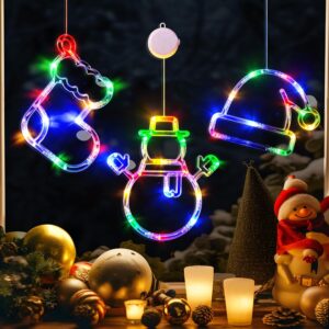 Christmas Window Lights, 3 Pack Multicoloured Stocking, Snowman, Santa Hat with Suction Cup, Timer Function and Slow Fade Mode Battery Operated Lights for Christmas Decoration