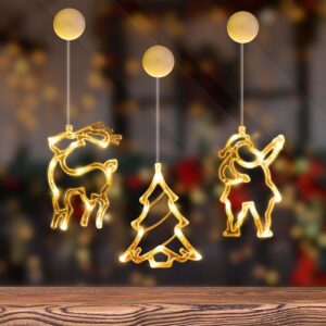 3 Pcs Suction Cup Lights – LED Christmas Window Lights Decorations (Deer, Christmas Tree, Santa Claus) Battery Operated, Indoor Window Fairy Lights for Party, Balcony Decor