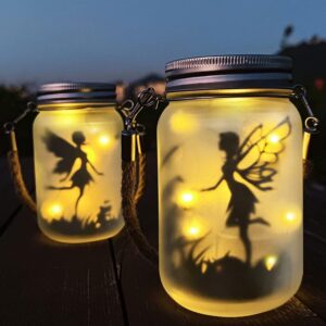 2 pack fairy solar lantern outdoor, garden ornaments ip44 waterproof hanging frosted glass solar mason jar lights for table, yard, garden, patio, lawns (warm) [energy class a]
