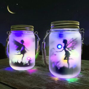 2 pack fairy solar lantern outdoor, garden ornaments ip44 waterproof hanging frosted glass solar mason jar lights for table, yard, garden, patio, lawns (color) [energy class a]