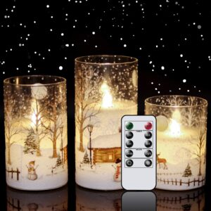 eldnacele glass flickering flameless snowman candles with remote timer battery operated real wax led pillar candles 3 pack for home chriatmas decoration