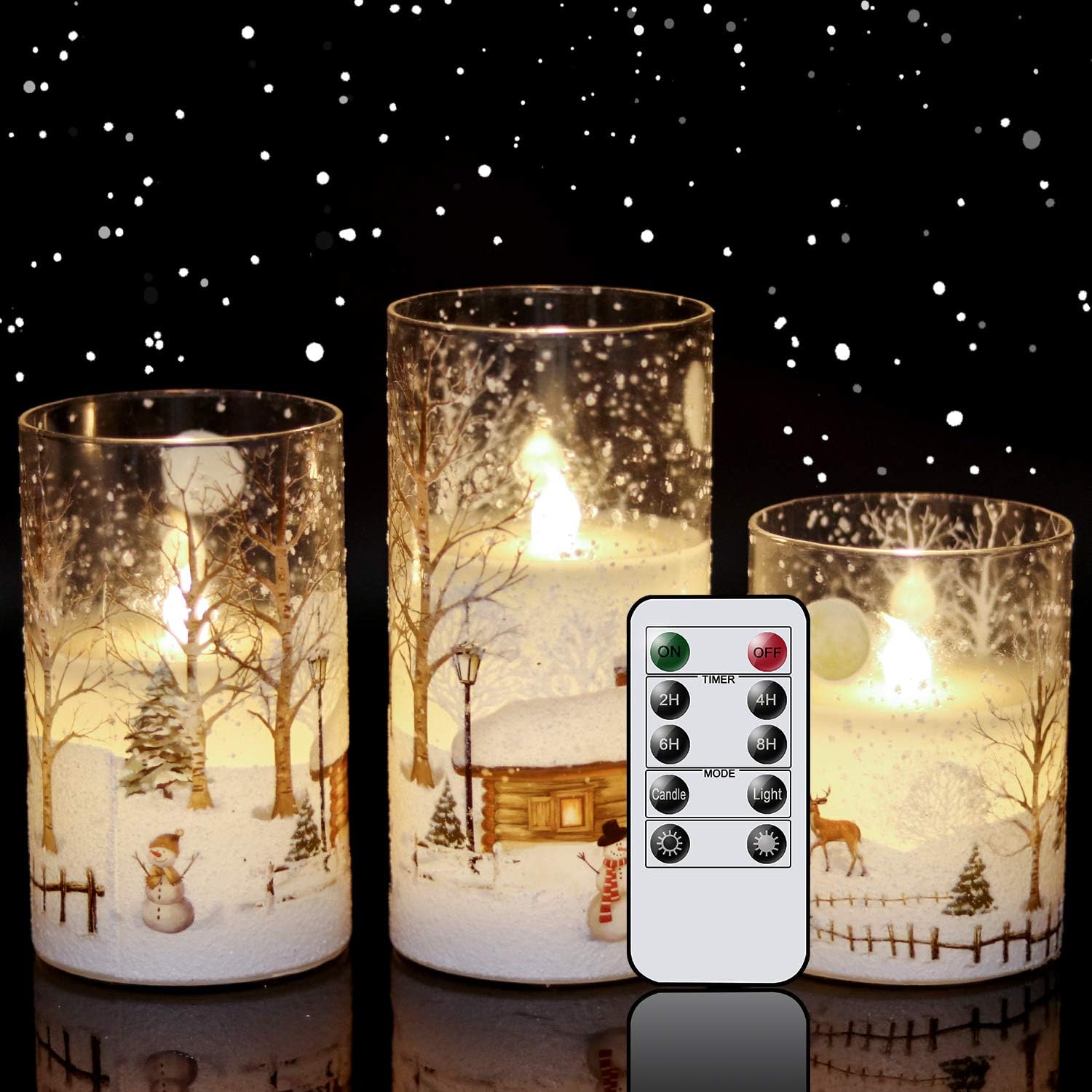 eldnacele glass flickering flameless snowman candles with remote timer battery operated real wax led pillar candles 3 pack for home chriatmas decoration