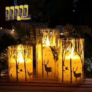Rhytsing Silver Reindeer Design Glass Battery Operated LED Candles with 6H Timer, Christmas Flameless Candles with Warm White Light, Batteries Included - Set of 3