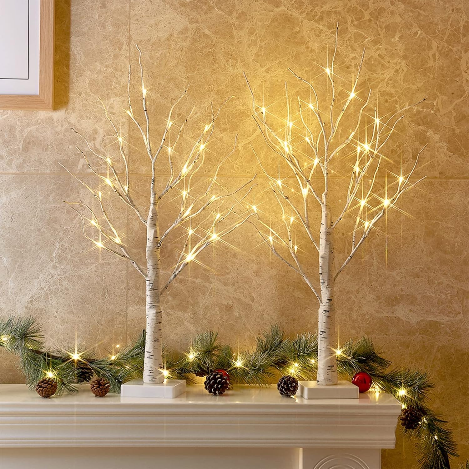 Eambrite Set of 2 Small Birch Twig Tree Lights Photo Display Tree with 24 Warm White LEDs Battery Operated Tabletop Decoration for Xmas Home Party Wedding (60cm/2ft) - Image 2